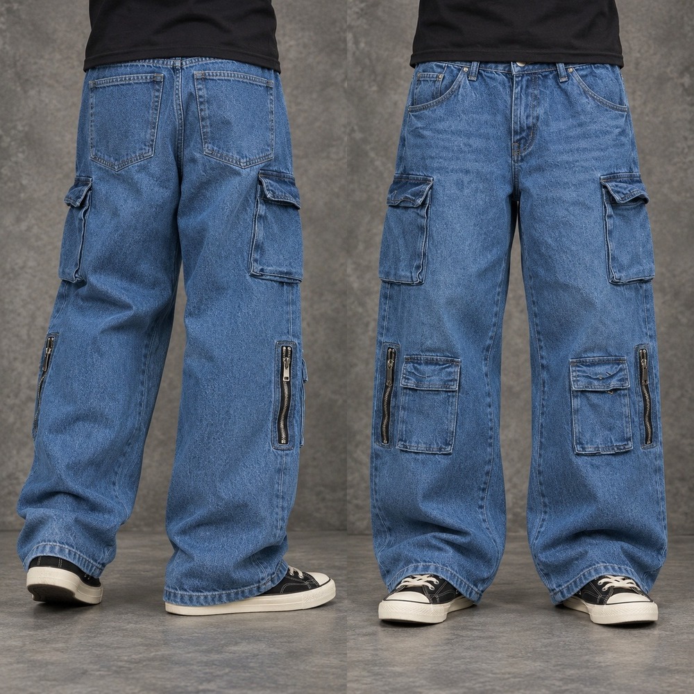 29x28 Blue Baggy Wide Leg Cargo Style Denim Jeans Y2K Vintage 2000s